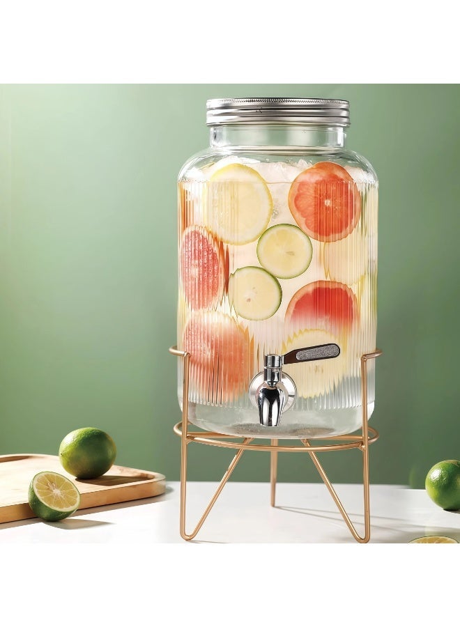 6L Ribbed Glass Drink Dispenser with 304 Stainless Steel Spigot & Gold Stand - Leak-Proof Beverage Jar for Party - Image 1